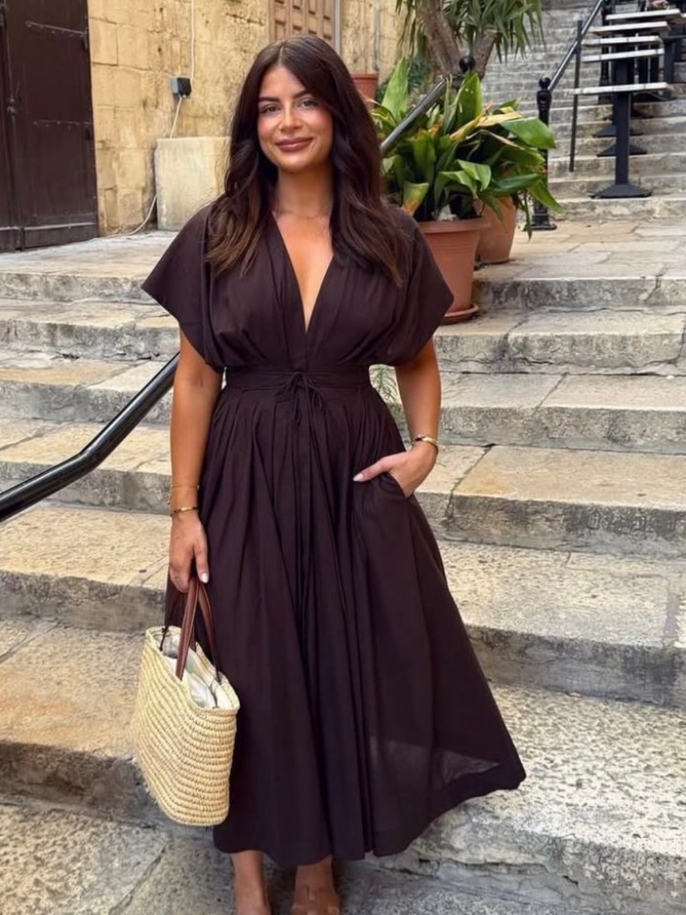 Zara Deep Brown V-Neck Midi Dress like new